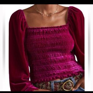 Anthropologie Puffed Sleeve Velvet Blouse Sz S